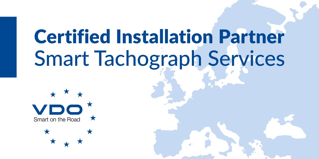 Visual for Certified VDO Installation Partners. The image shows a map of Europe, the VDO logo in a circle of blue stars, and the caption: "Certified Installation Partner - Smart Tachograph Services".