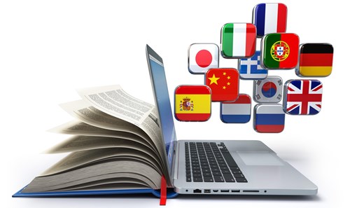 Depiction of a book that merges into an open laptop. Individual tiles with flags float out of the laptop. The flags of the following countries can be seen: Spain, Portugal, Germany, Italy, France, China, Japan, Greece, South Korea, the Netherlands, Russia and the flag of the United Kingdom.