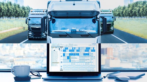 Two-part image of three trucks on a road, of which the middle truck in the foreground merges into a laptop on which the VDO Tachograph Management software is running. A computer mouse and a coffee cup can be seen next to the laptop.
