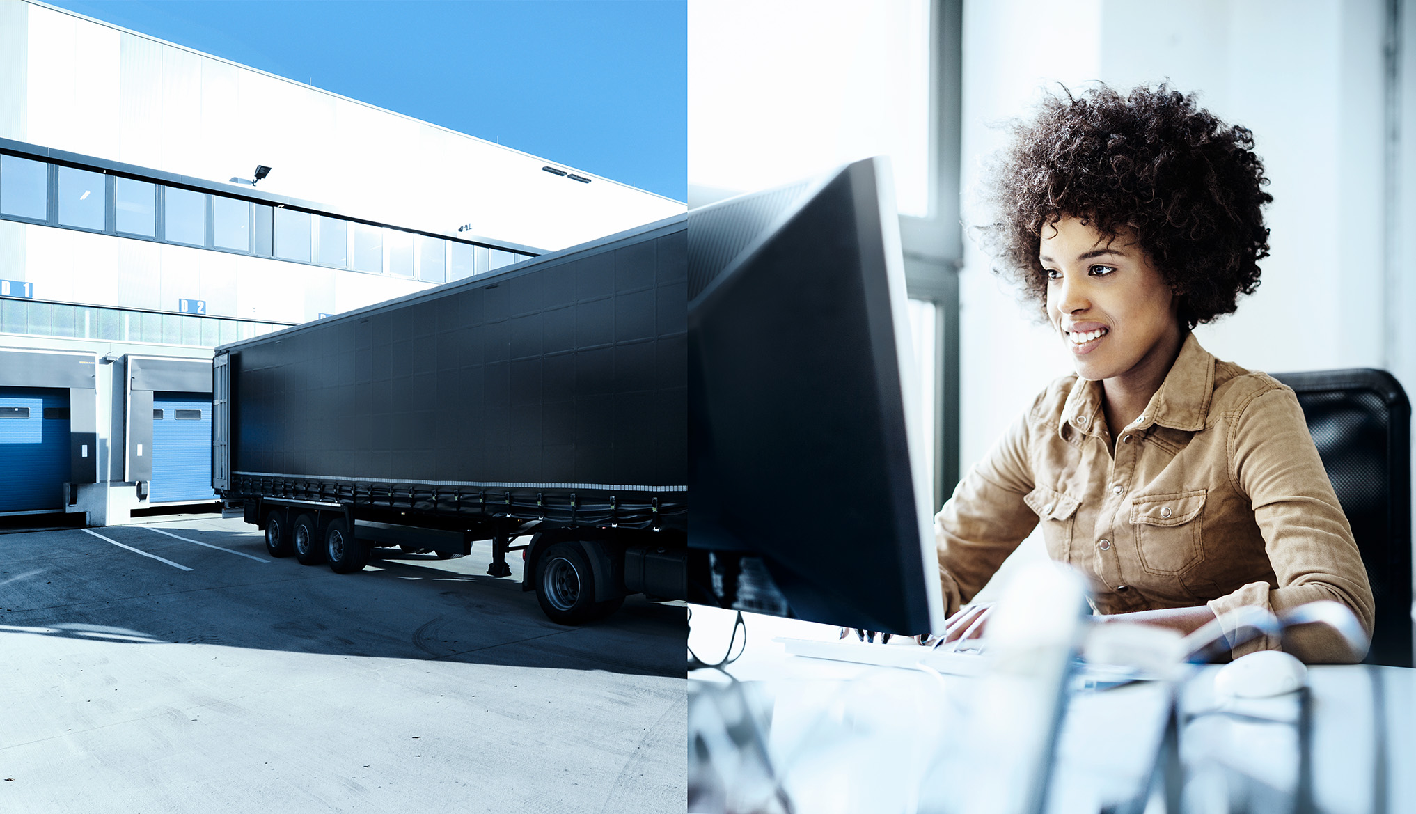 Two-part image of a fleet of vehicles, whose trucks merge into the computer screen of a fleet manager who performs her tasks easily and efficiently with the VDO Tachograph Management software.